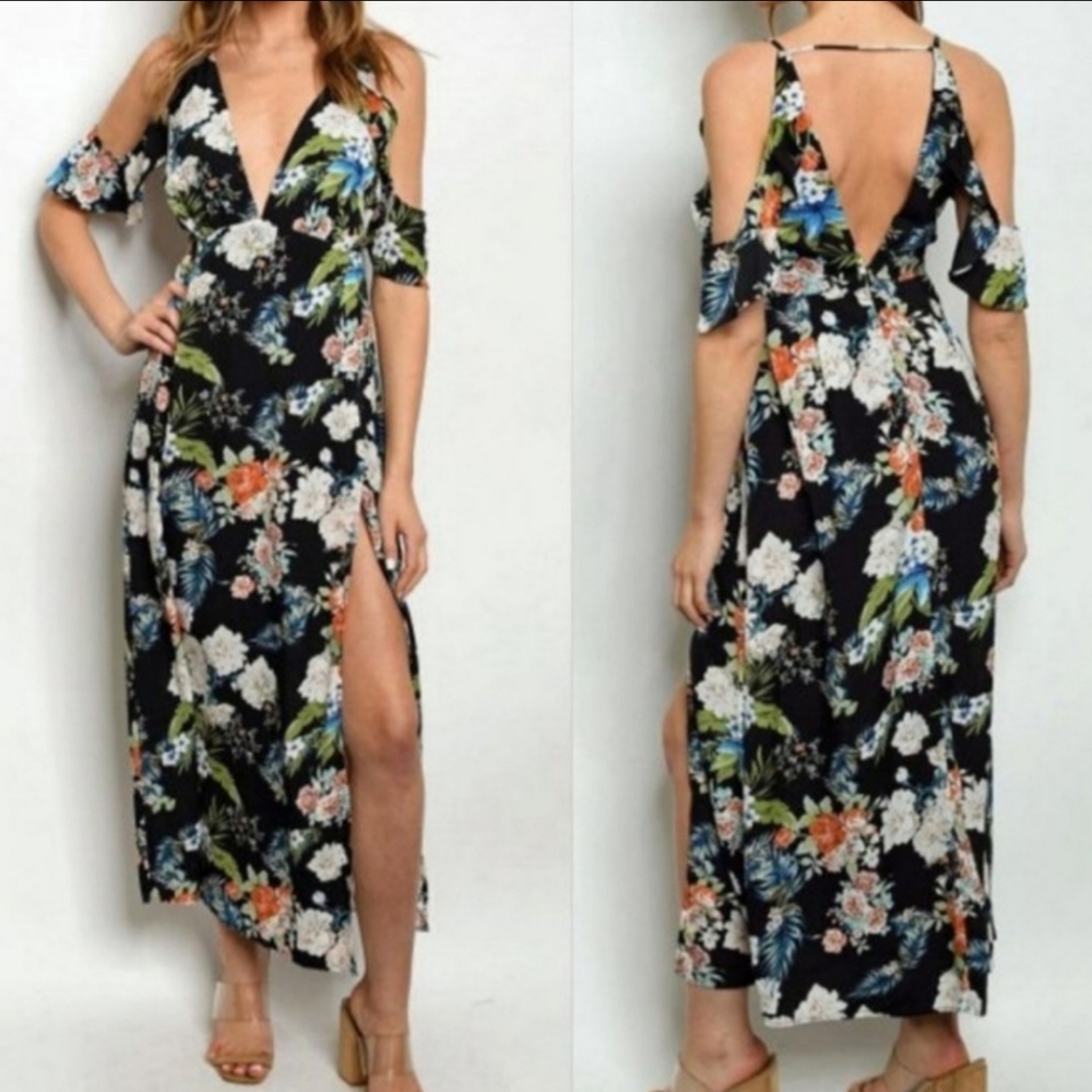 Cold Shoulder Slit side floral maxi dress.
